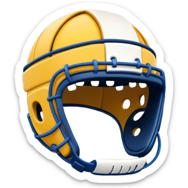 Cinematic Realistic image of rugby headgear with detailed padding and rugged design elements, set against a blurred stadium background with bold, high-contrast lighting that highlights its protective design sticker