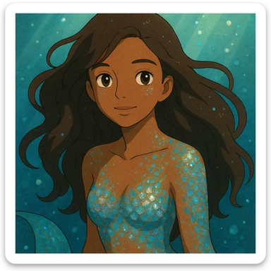 close-up of a mermaid with brown skin, sparkling iridescent scales, dreamy underwater background, ghibli style sticker