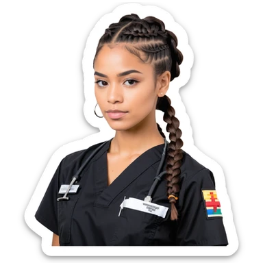 A 40-year-old Latina woman with light brown skin, working as a car mechanic, wearing all black mechanic scrubs, with two braids pulled back from her head sticker