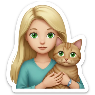 blonde girl with long blonde hair and blue eyes with tabby brown cat with green eyes and chubby gray cat with big green eyes sticker