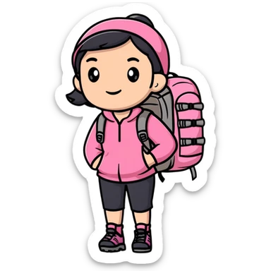 woman wearing pink clothes with hiking backpack sticker