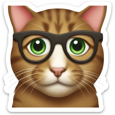 Dark green eyes red nose Dark Brown Tabby cat with eyeglasses on sticker