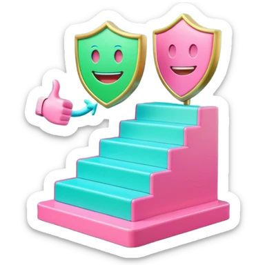 Minimalist 3D emoji-style podium with 2 steps on a green chroma key background. Step 1 (higher) features a handshake icon with blue neon glow. Step 2 (lower) features a smiling tooth with a shield icon and pink neon glow. Clean rendering, soft colors, uniform lighting. sticker