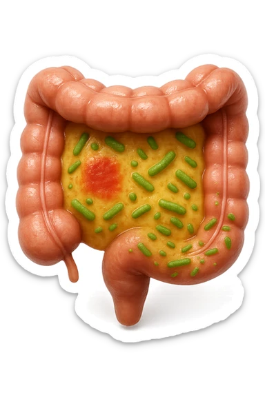 emoji stile iphone in 3d di intestino realistico con infezione e batteri dentro, iperrealistico 4k sticker