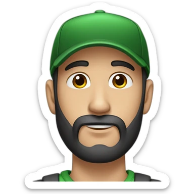 Man, thin face, dark brown long beard, up to his nose, protruding ears, green eyes, wearing black and red cap. sticker