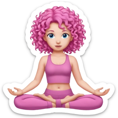 Girl in all pink yoga outfit with pink curly hair and blue eyes shrugging  sticker