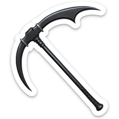 The scythe of the God of Death, a symbol of death, is long and straight, entirely in deep black. sticker