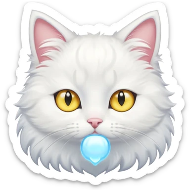 Make me a cute white fluffy cat anime style with one blue eye and one yellow eye, make the eyes big kawaii style sticker