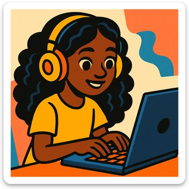 dark skin African American girl with long curly black hair, yellow shirt, headphones, typing at a laptop, vibrant cartoon style sticker