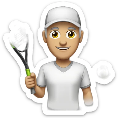 Tennisplayer green-eyed white-male in his 50s,gray-hear, gray-knob, white cap and white-shirt with tennis-raquet and tennis-ball sticker