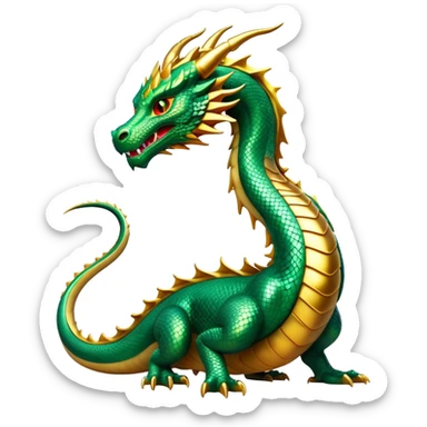 cinematic-noble-dragon-full body-emoji,-poised-and-majestic,-with-a-sinuous,-elongated-build-and-shimmering,-scale-covered-skin-in-hues-of-emerald-and-gold,-piercing,-fiery-eyes,-simplified-yet-sharp-and-sophisticated-features,-highly-detailed, zoomed out showing the serpentine body sticker