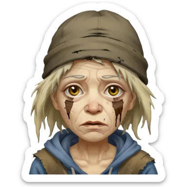 very dirty looking homeless woman with ripped hat and smudged face with ugly hair sticker