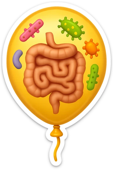 emoji stile iphone di un palloncino con intestino dentro e batteri intestinali intorno sticker