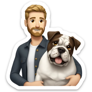 White man with dark brown hair and dark brown beard holding white bulldog  sticker