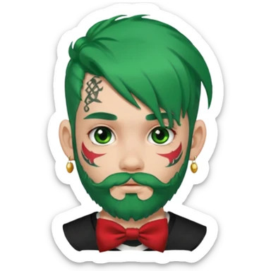 boy with bangs and green hair and red hairbow on side and earrings and very heavy face tattoos and beard sticker