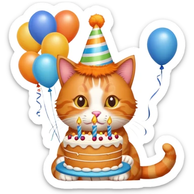Ginger cat celebrates birthday, birthday hat, birthday cake, balloons, happy, gifts sticker