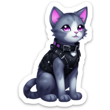 Gorgeous sparkly legendary shiny gradient gothic dark techwear anime style anthro cat with blushing face aesthetic and pretty edgy black with collar and harness trending style sticker
