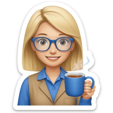 Blonde haired women with blue glasses and a brown worksuit on holding a blue mug of tea and smiling. sticker