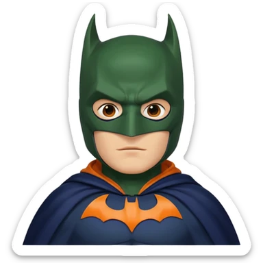 generate a batman emoji with just the face and neck showing and part of the cloak and and wings. Shade the bat logo on the chest in a medium green with a slight olive touch. Shade the mask in dark navy blue. Shade the cloak in a solid vibrant orange.

 sticker