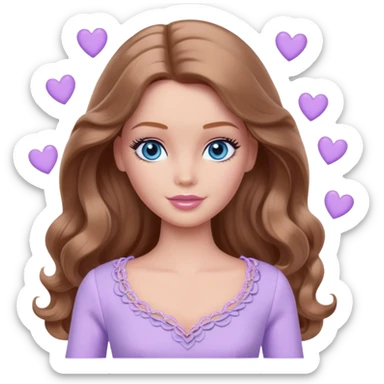 There are grey hearts all around Barbie girl Chestnut long wavy hair and blue eyes is In pale purple clothes sticker