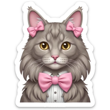 A grey Maine coon Neck Wearing a pink Rococo style Bow tie  ribbon sticker