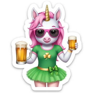 friendly anthropomorphised female unicorn with horse-like face, in tutu and pink t-shirt, wearing dark sunglasses, celebrating St. Patrick's Day sticker