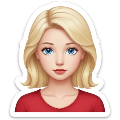 Make an emoji with a young blue-eyed blonde 20 years old. Hair slot on the right. Blue eyes. Breast size 2. Chubby lips. Long eyelashes. Hairstyle without bangs, loose slightly curly at the ends of the hair. Red shirt with neckline. Light makeup, but with blush sticker
