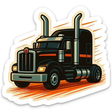 Black Kenworth W680 cartoon truck rolling down the road with exaggerated shiny chrome stacks, motion lines, and vibrant cartoon energy, dynamic and lively. sticker