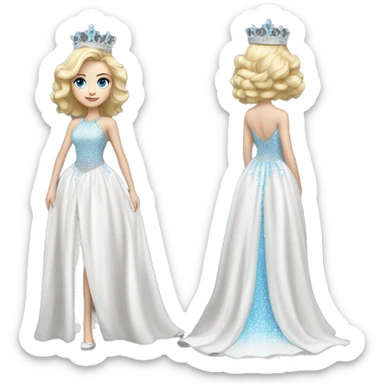 White girl with blonde hair and blue eyes pageant silver only crown fully white pageant dress full body sticker