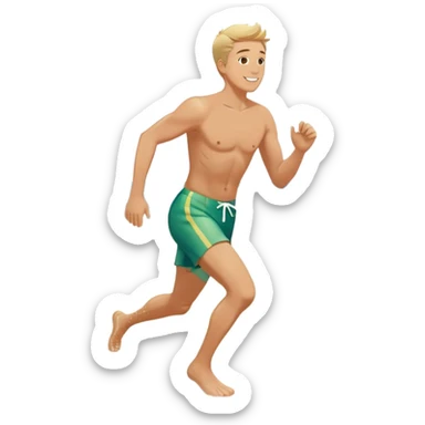A white man running into the ocean, paisaje embracing the waves and the moment. The sun shines warmly, and the water sparkles, symbolizing the joy of creating fun and appreciating life’s simple moments. Their footprints in the sand fade as they fully immerse themselves in the present. sticker