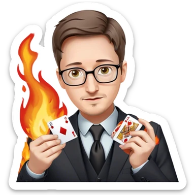 Edward Snowden ads magician revealing a deck of cards but there are no cards just a gaming controller surrounded by flames sticker