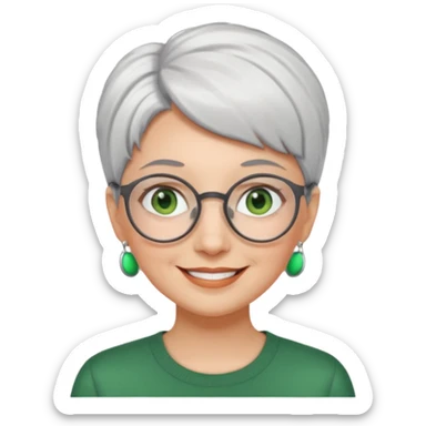 visage femme a lunettes ronde avec cheveux courts gris-blancs aux yeux verts qui souris sticker