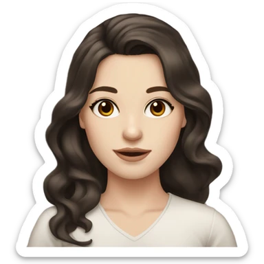A beautiful woman with pale skin and dark brown eyes, dark brown wavy long hair with side-part bangs, and soft makeup. sticker