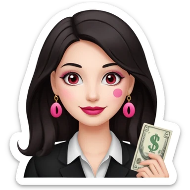 fair-skinned woman with dark hair, dollar sign ($) eyes, smiling, pink brush sticker