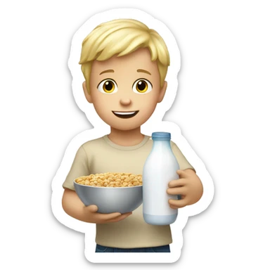 Little blonde boy holding a bowl of milk with cereal sticker