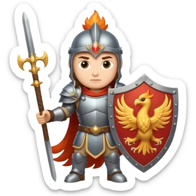 Warrior with a shield with a phoenix on it and a sword in heavy armor sticker