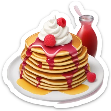 Pancakes with fruits whipped cream and pink raspberry sauce and syrup  sticker