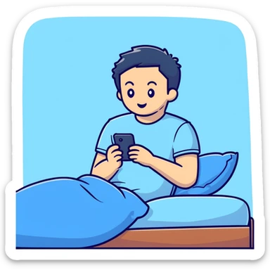 boy in a blue bed, on his phone, wearing a light blue t-shirt sticker