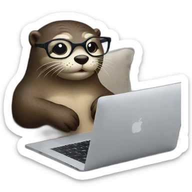 female otter with glasses use a macbook while seated against a pillow sticker