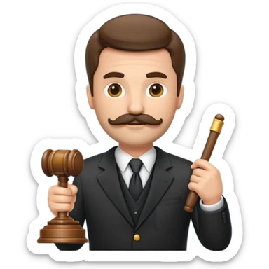 “Create a clean, modern emoji-style illustration of a male lawyer. He is wearing a formal suit jacket. He is holding a judge’s gavel in one hand and has a law book tucked under his arm. He has a mustache and a short beard, and sticker
