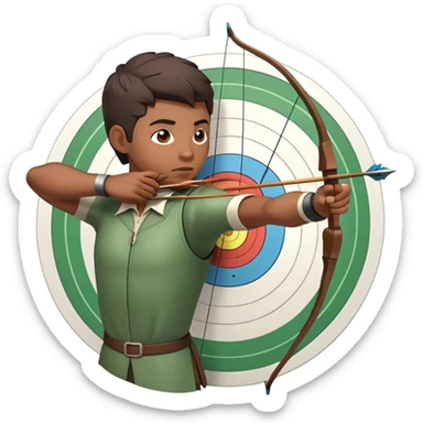An archer drawing a bow and aiming an arrow at a target, with perfect focus and precision. The target is visible in the background, featuring concentric rings. The scene captures the concentration and skill involved in archery, emphasizing the elegance and accuracy of the sport. sticker