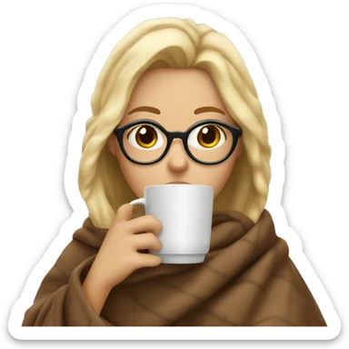 A blonde girl with brown glasses wrapped herself in a blanket and drinks coffee sticker