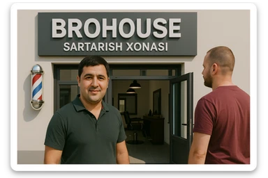 eni shu rasimga manashu odamga uxhshasin sartaosh eshik oldida tursin va tashqarida esa mijoz rasm esa 16 ga 9 bulsin 1920x1080 sticker