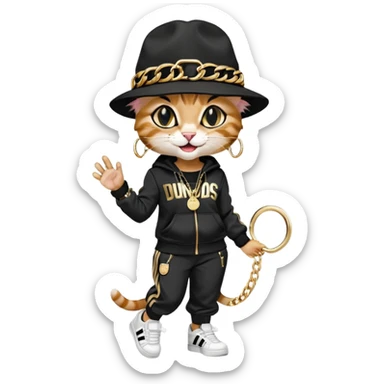 female cat dressed like Run DMC with tracksuit, fedora, Adidas shoes, lots of gold chains, rings, bracelets, earrings, laughing, looking up, no sunglasses sticker
