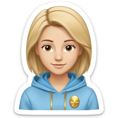 Caucasian female with oval face, straight brown-blonde mixed hair (more brown) with side part, serene smile, light blue sporty hoodie with gold and white fantasy details sticker