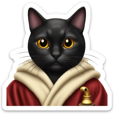 Black cat with a Hugh Hefner robe and a tobacco pipe sticker