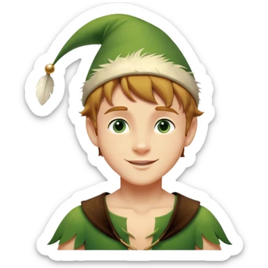 Cinematic Realistic Peter Pan Portrait, depicted with lifelike, youthful skin touched by a gentle sun-kissed glow. His bright, expressive eyes and confident smile evoke a timeless sense of wonder. Dressed in his iconic green tunic and feathered cap, every detail is rendered with soft, natural lighting that highlights his blend of innocence and courageous spirit. sticker