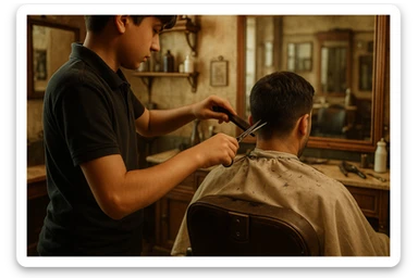 yuzi ko'rinmasin sartaroshxonada ishlayotganini tasvirlab ber mijozlarni sochini olayotganini o'smirin davrini sticker