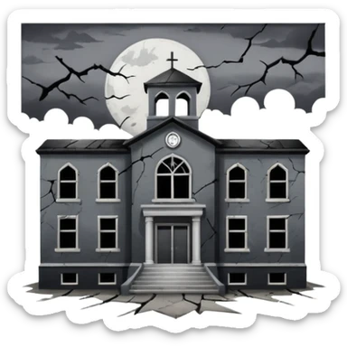A broken/abandoned school with cracks and dust  with no back ground in an abandoned place with a blackish greyish sky  sticker