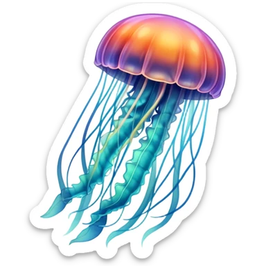 A jellyfish in multicolored hues drifts through the sea, glowing like a living rainbow sticker